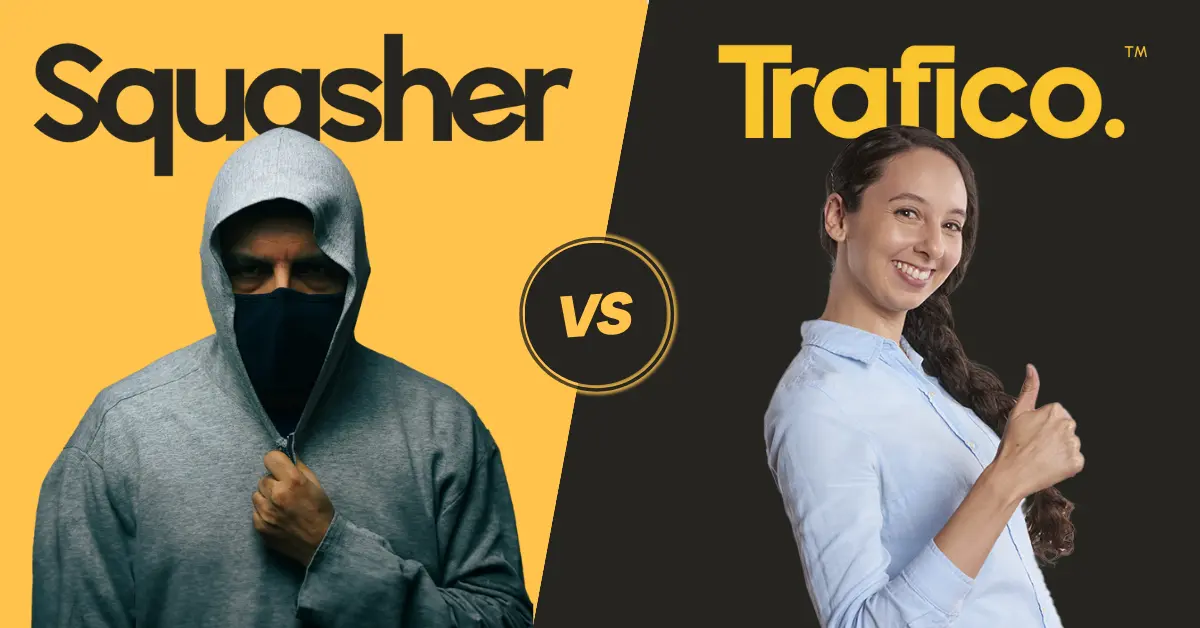 Hooded fine squasher next to a smiling Trafico consultant, under the words ‘Squasher vs Trafico’