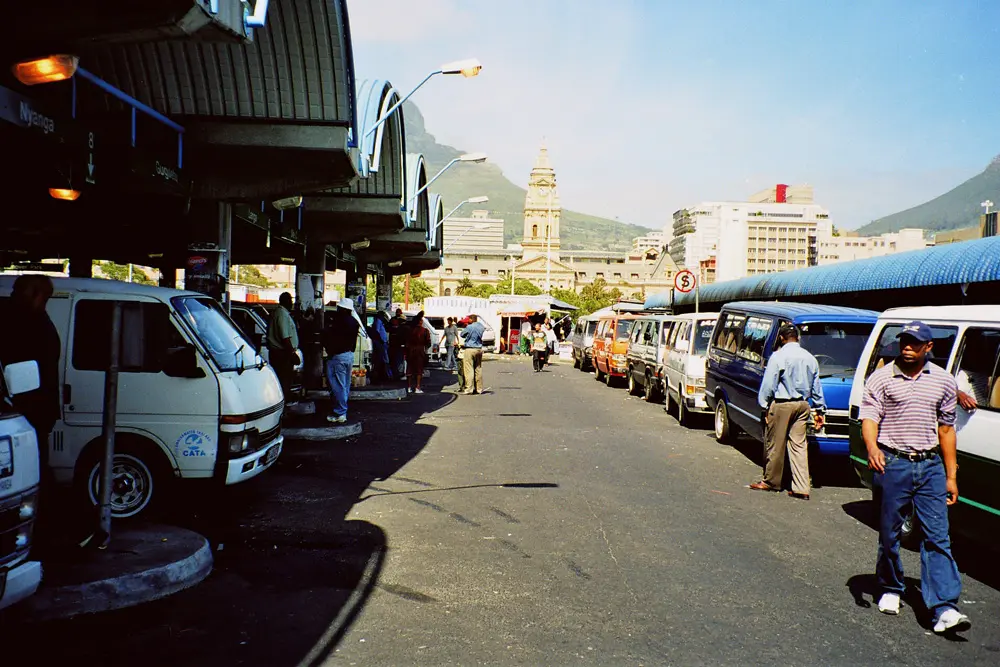 Minibus taxis parked at a Cape Town taxi rank