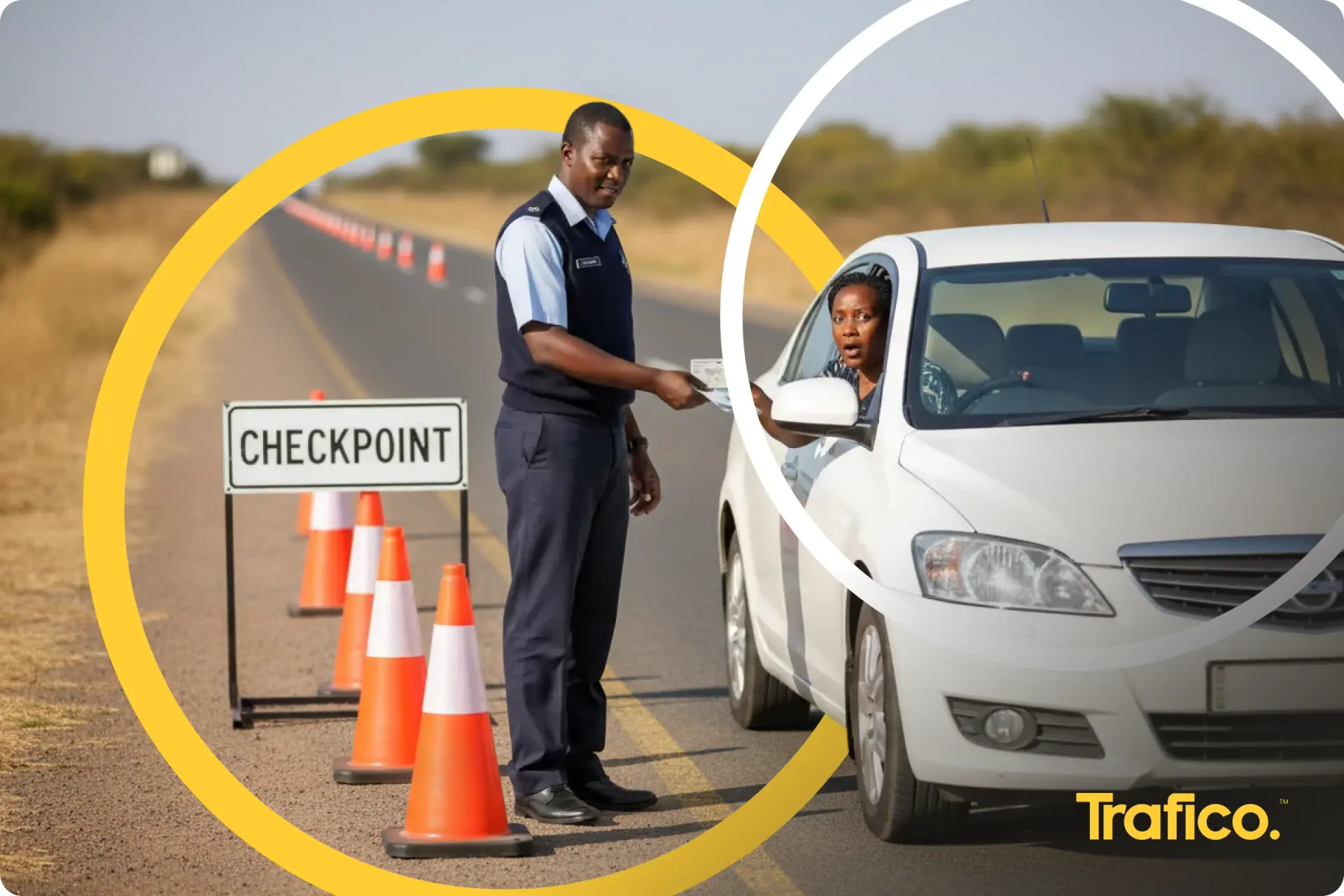 Traffic officer at a roadside checkpoint speaking to a driver in a white car