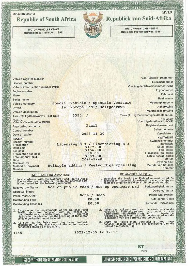 MVLX certificate issued by the South African Department of Transport instead of a licence disc