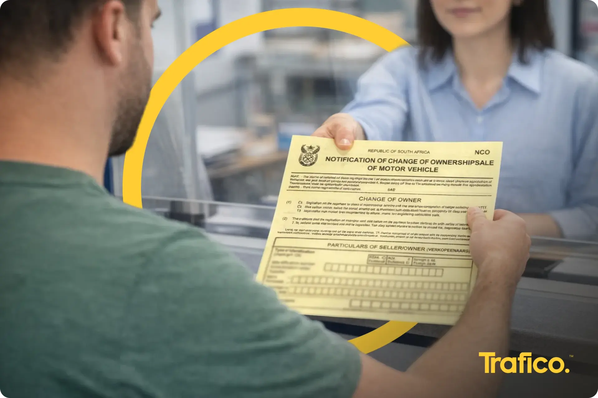 Seller handing a completed NCO form to a clerk at a licensing counter