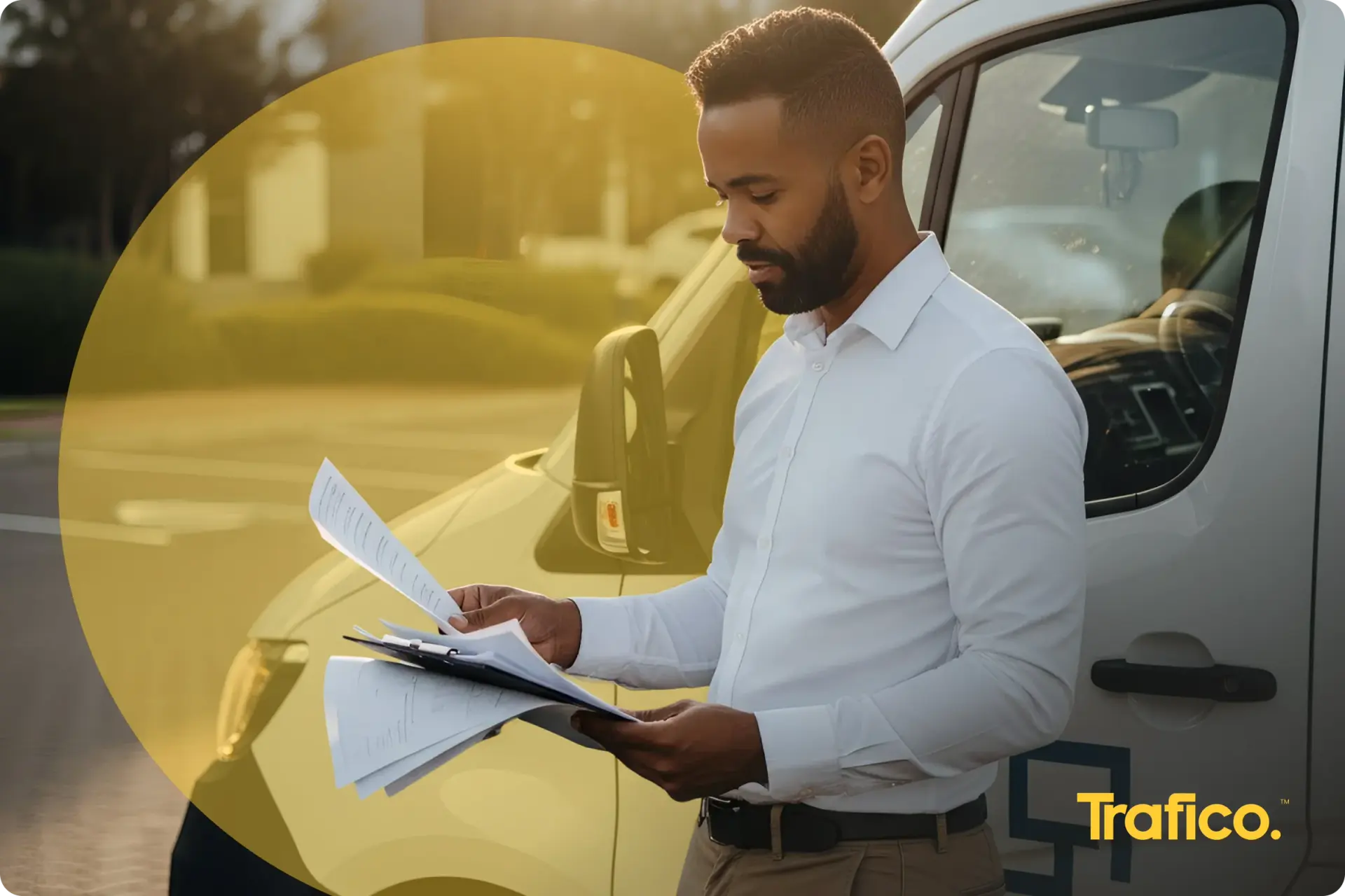 Businessman reviewing company documents beside a white company van